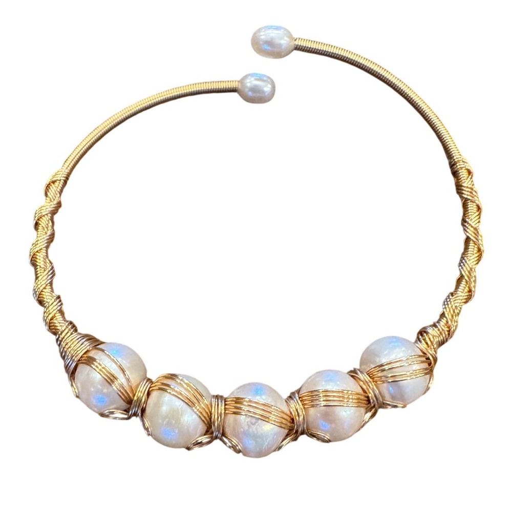 Looyuupee Handmade Wire Wrapped Pearl Cuff Bracelet Gold Tone Boho Jewelry
